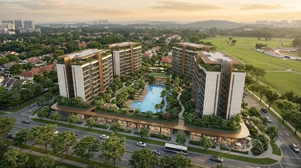 Artist's impression of The Vanda Green — mid-rise residential blocks around a central pool with ground-floor shops fronting Dunearn Road, Bukit Timah