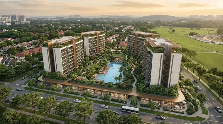 Artist's impression of The Vanda Green — mid-rise residential blocks around a central pool with ground-floor shops fronting Dunearn Road, Bukit Timah