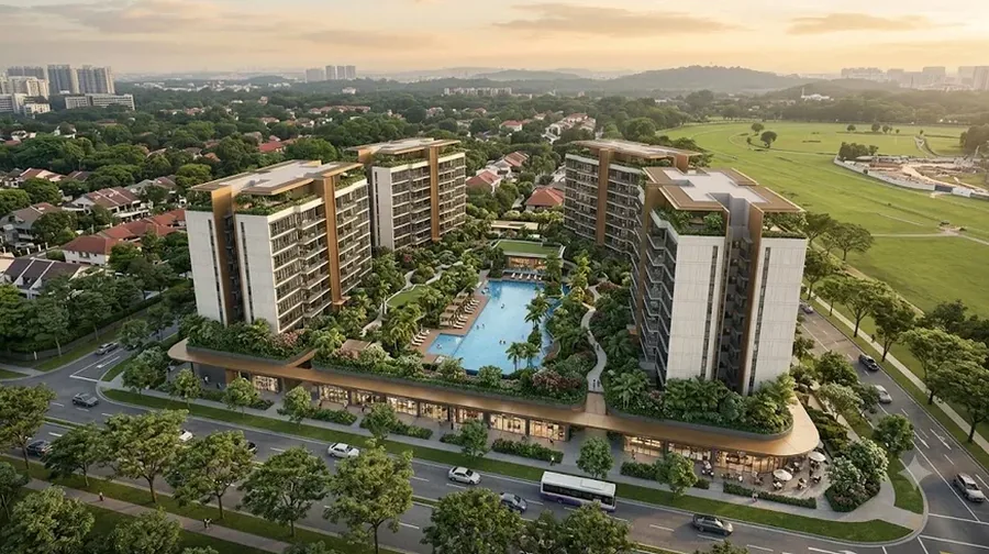 Artist's impression of The Vanda Green — mid-rise residential blocks around a central pool with ground-floor shops fronting Dunearn Road, Bukit Timah