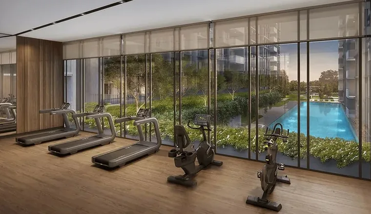 Artist's impression of the glass-walled gym pavilion beside the pool at The Vanda Green, Bukit Timah