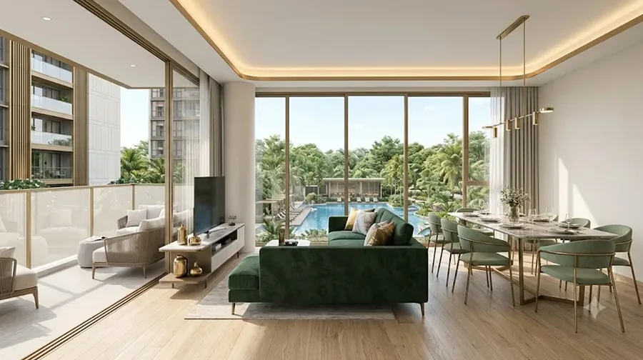 Artist's impression of a living and dining room at The Vanda Green with full-height windows overlooking the pool