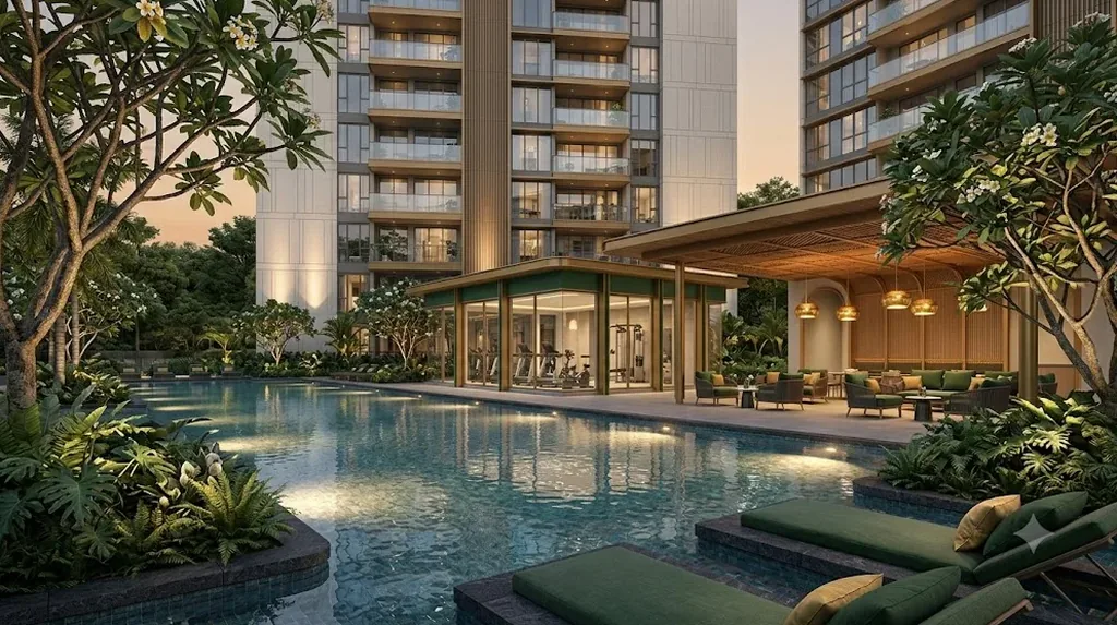 Artist's impression of the pool deck and clubhouse at The Vanda Green, Dunearn Road, Bukit Timah