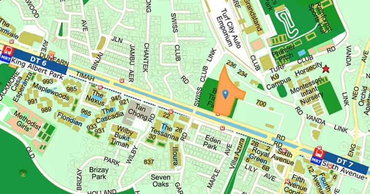 Location map showing The Vanda Green site on Dunearn Road between King Albert Park and Sixth Avenue MRT stations on the Downtown Line